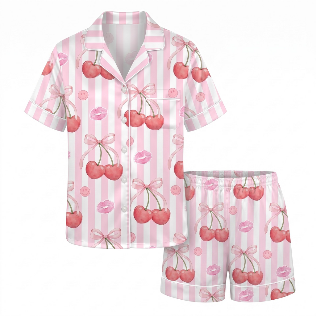 Pink Cherry Satin Pajama Set, Coquette Bow Cherry Silk Sleepwear, Striped Lip Kiss Button Down Pjs, Valentine Gift for Her