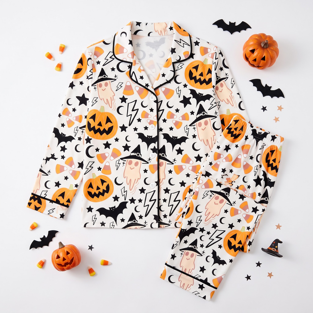 Cute Halloween Satin Pajama Set, Pumpkin Ghost Silk PJs , Spooky Cute Sleepwear, Candy Corn Halloween Gift for Her