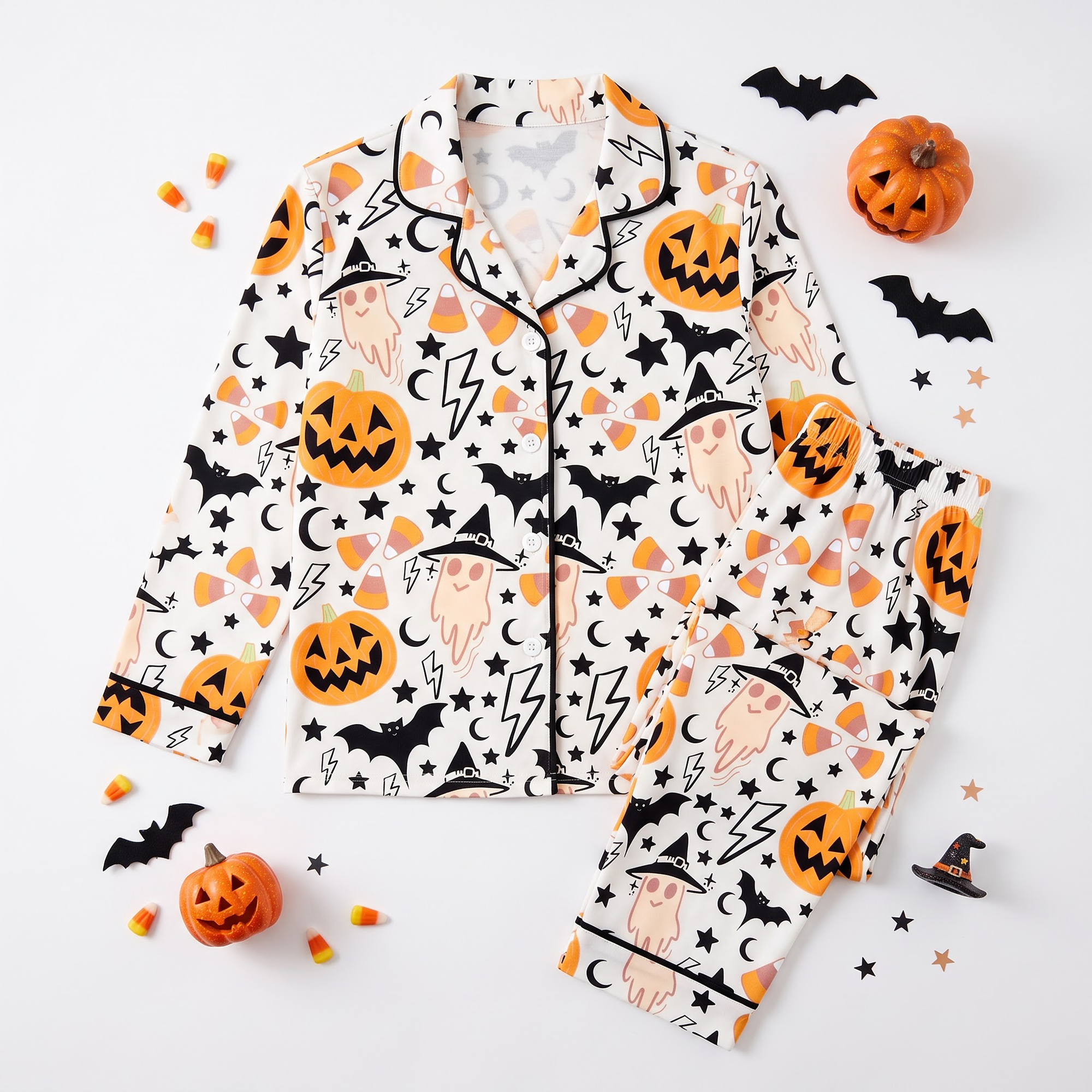 Cute Halloween Satin Pajama Set, Pumpkin Ghost Silk PJs , Spooky Cute Sleepwear, Candy Corn Halloween Gift for Her