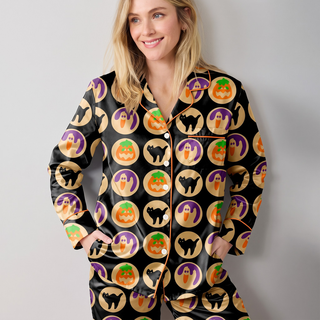 Orange Pumpkin Satin Pajama Set, Halloween Jack o Lantern Silk Sleepwear, Spooky Button Down Long Sleeve Pjs, Halloween Gift for Her