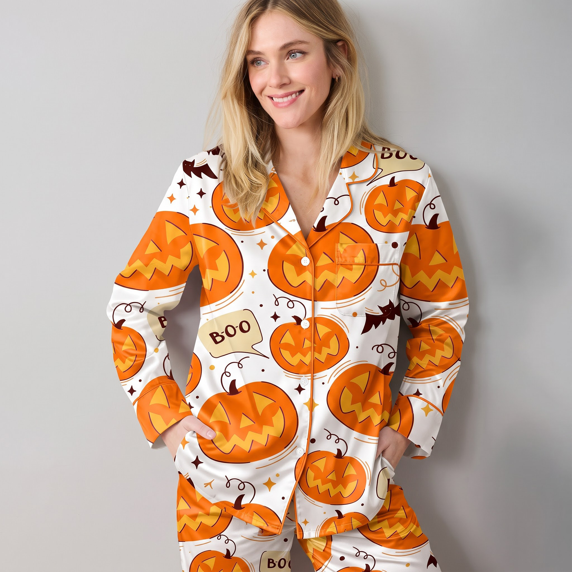 Cute Halloween Pumpkin Satin Pajama Set, Spooky Silk Sleepwear, Pumpkin Jack o Lantern Lounge Wear Set, Gift for Bestie