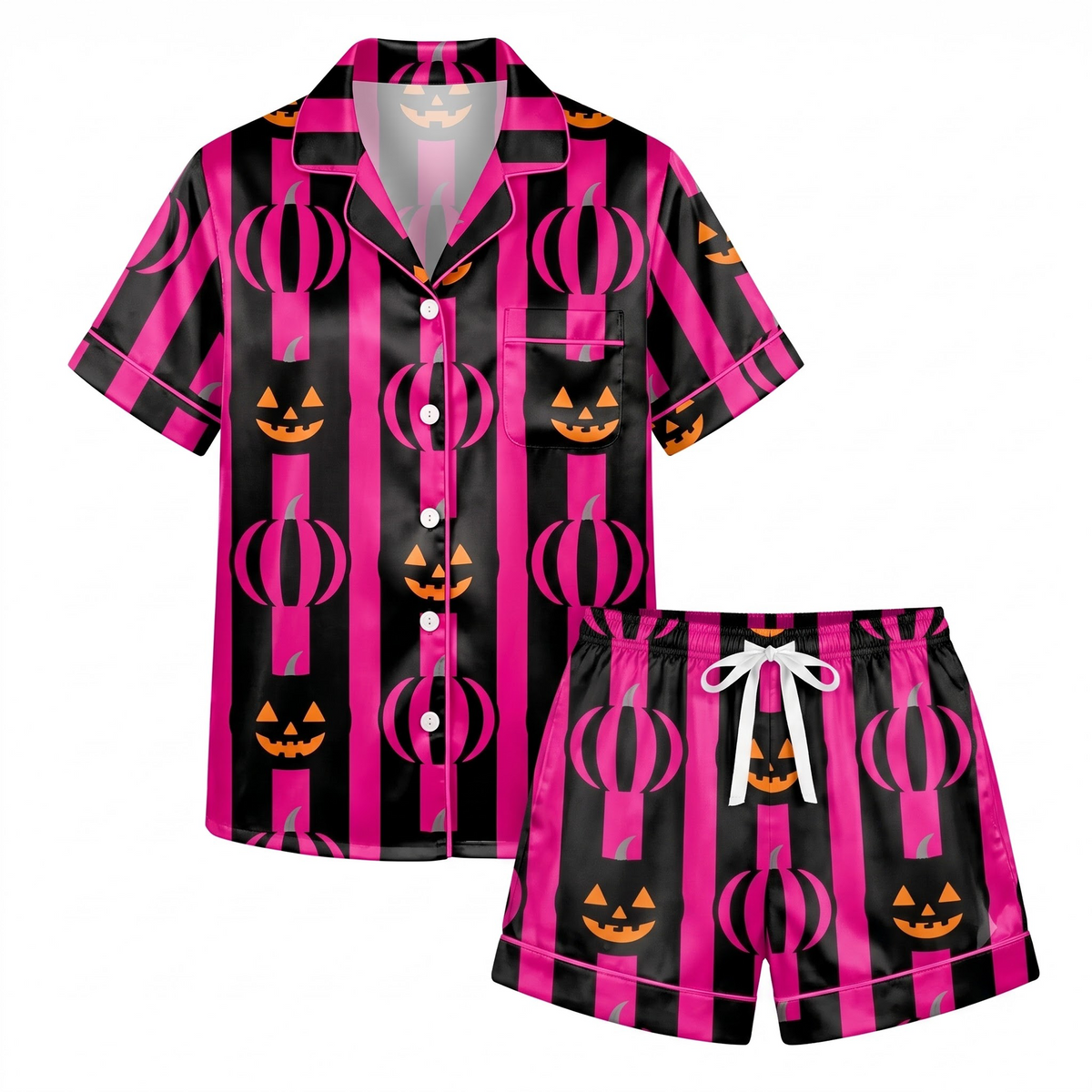 Pink Halloween Satin Pajama Set, Hot Pink Pumpkin Silk Sleepwear, Striped Button Down Pjs, Cute Spooky Gift for Her