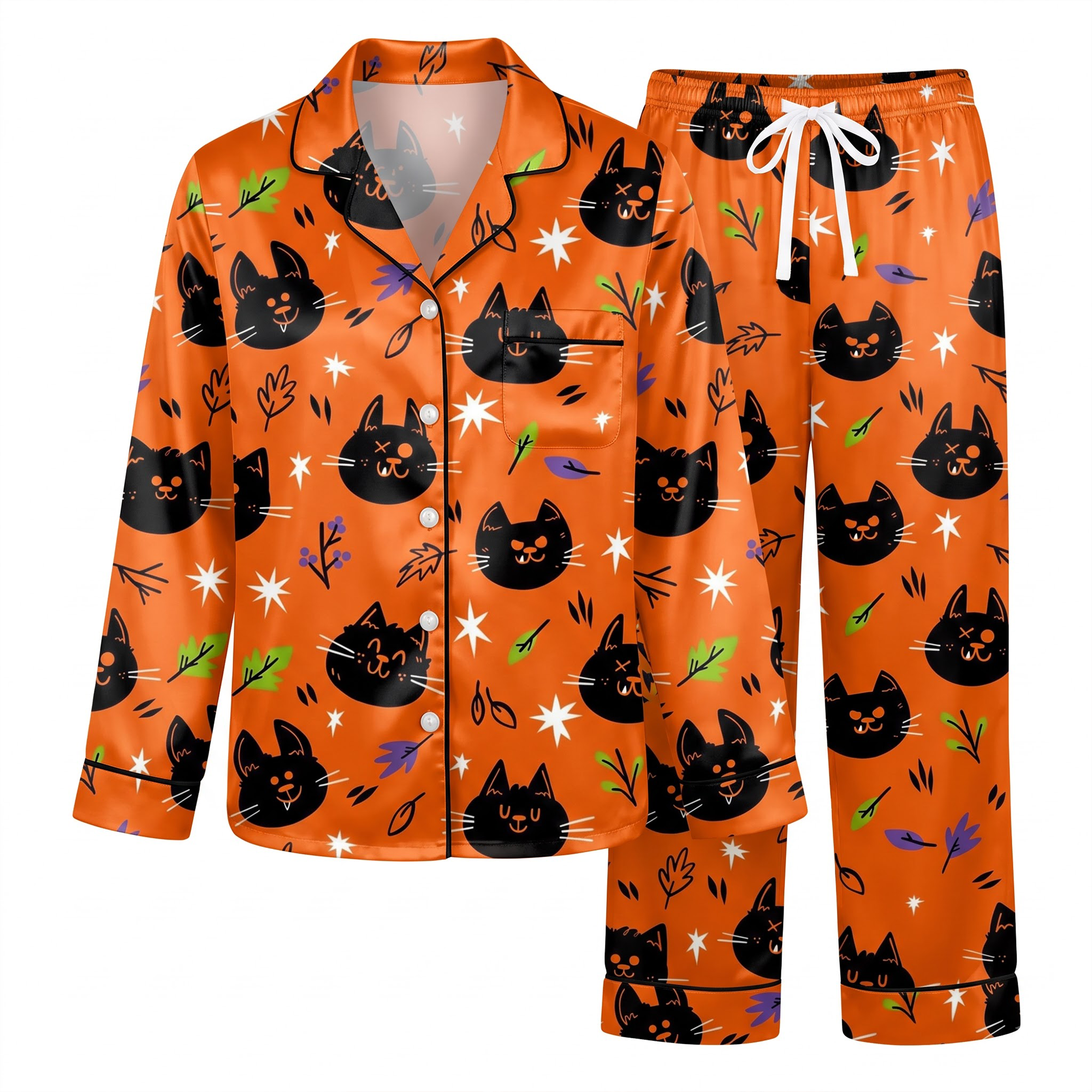 Orange Halloween Black Cat Satin Pajama Set, Cute Cat Silk Sleepwear, Fall Button Down Long Sleeve Pjs, Cat Mom Gift for Her