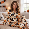 Vintage Halloween Black Cat Satin Pajama Set, Witch Pumpkin Silk PJs, Spooky Cute Sleepwear, Halloween Gift for Her