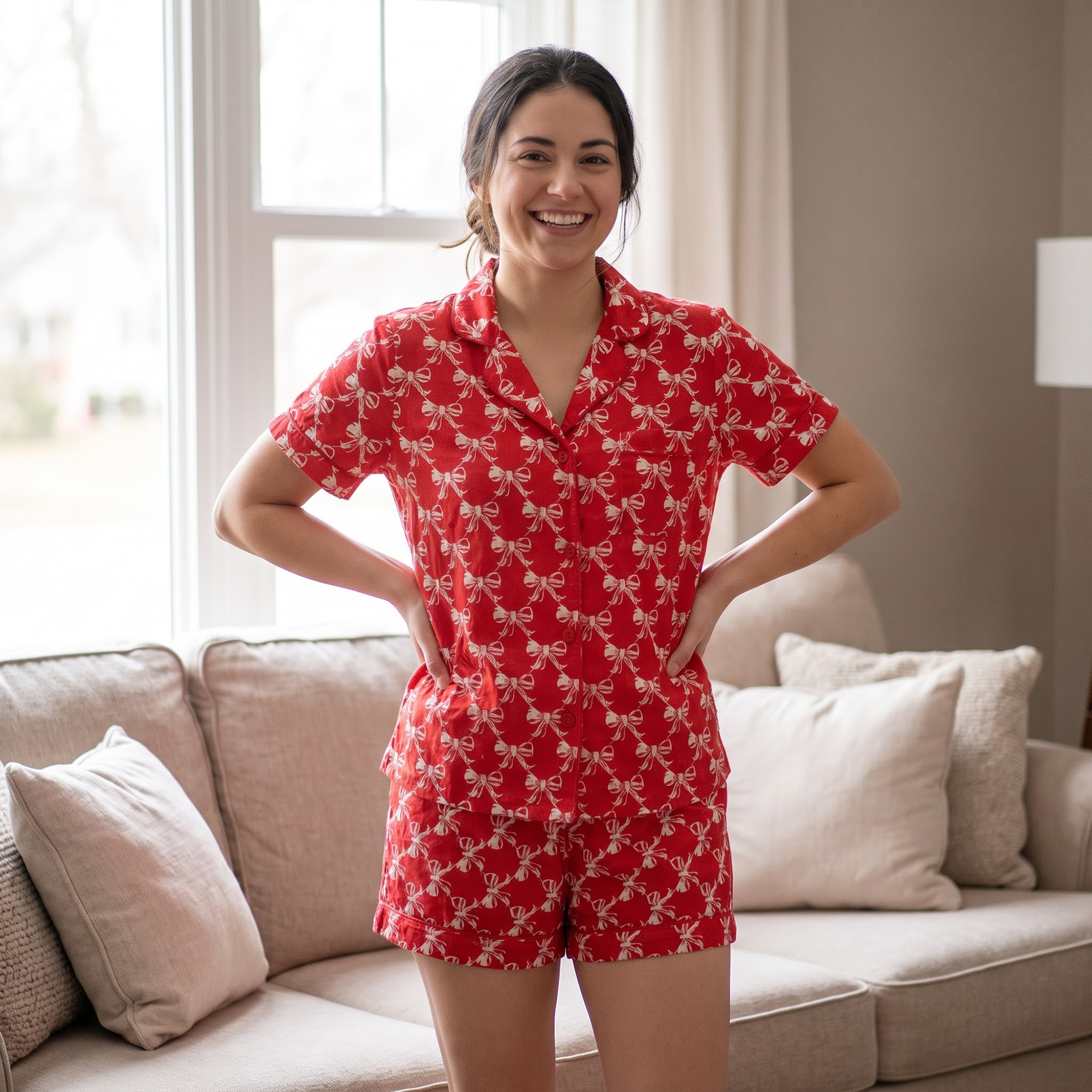 Red Bow Satin Pajama Set, Coquette Ribbon Silk PJs Long Sleeve, Festive Christmas Holiday Sleepwear, Cute Satin Loungewear Gift for Her