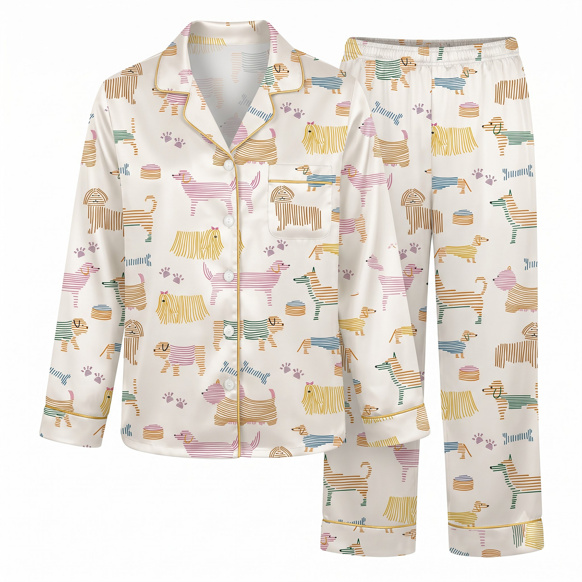 Colorful Dog Satin Pajama Set, Cute Dog Line Art Silk Sleepwear, Button Down Long Sleeve Pjs, Dog Lover Gift for Her