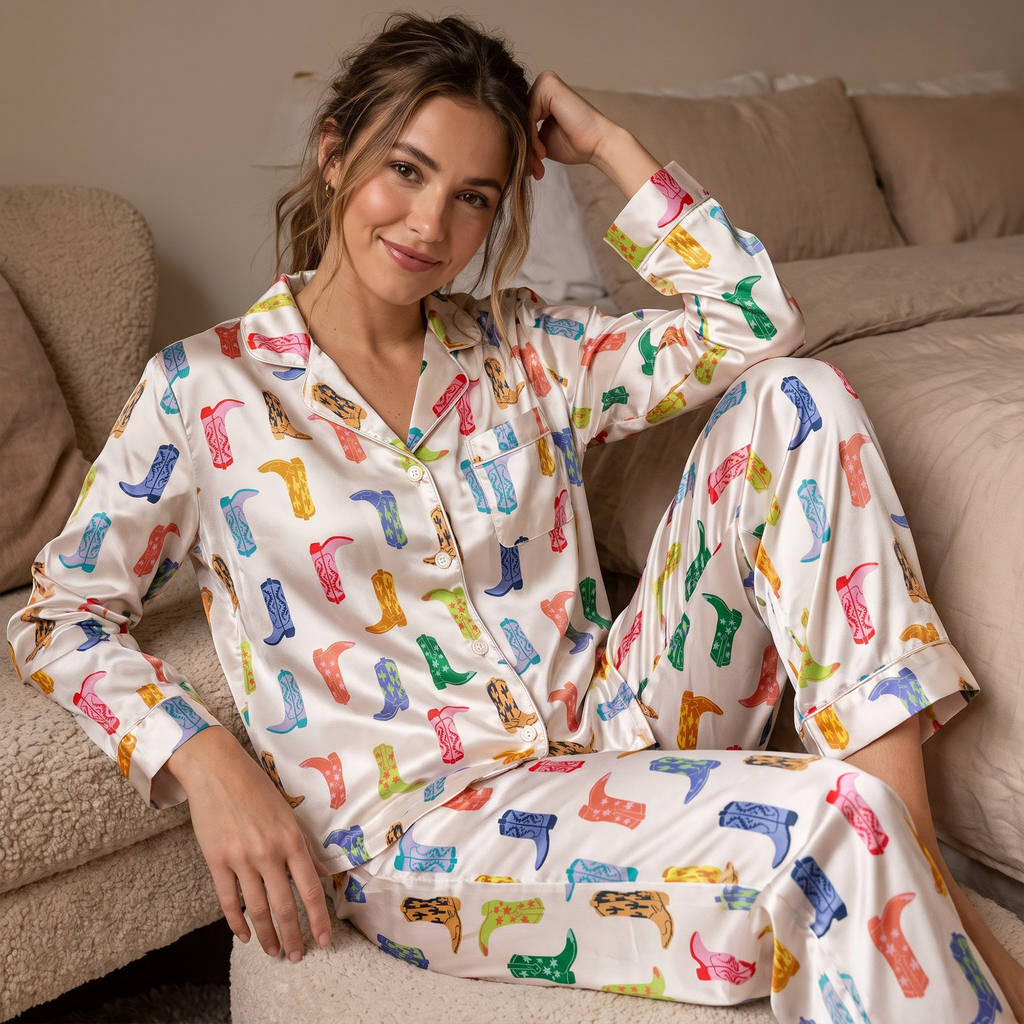 Cowgirl Boots Satin Pajama Set, Colorful Western Silk PJs , Cute Country Sleepwear, Bachelorette Party Gift for Her