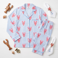Red Lobster Satin Pajama Set, Blue Striped Lobster Silk PJs , Coastal Nautical Sleepwear, Summer Gift for Her
