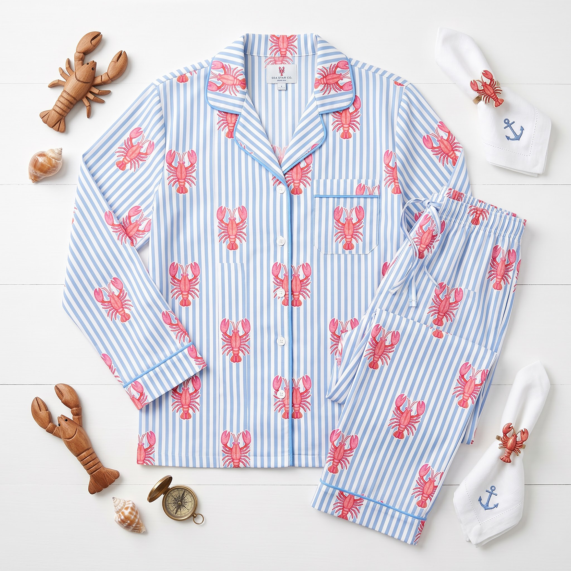 Red Lobster Satin Pajama Set, Blue Striped Lobster Silk PJs , Coastal Nautical Sleepwear, Summer Gift for Her