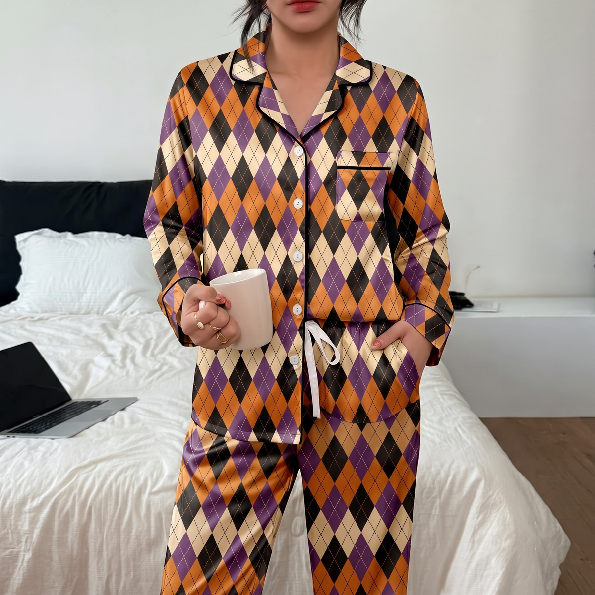Halloween Argyle Pajama Set, Orange Purple Black Satin Pajamas, Halloween Plaid Sleepwear, Spooky Season Matching PJs, Fall Pajama Gift