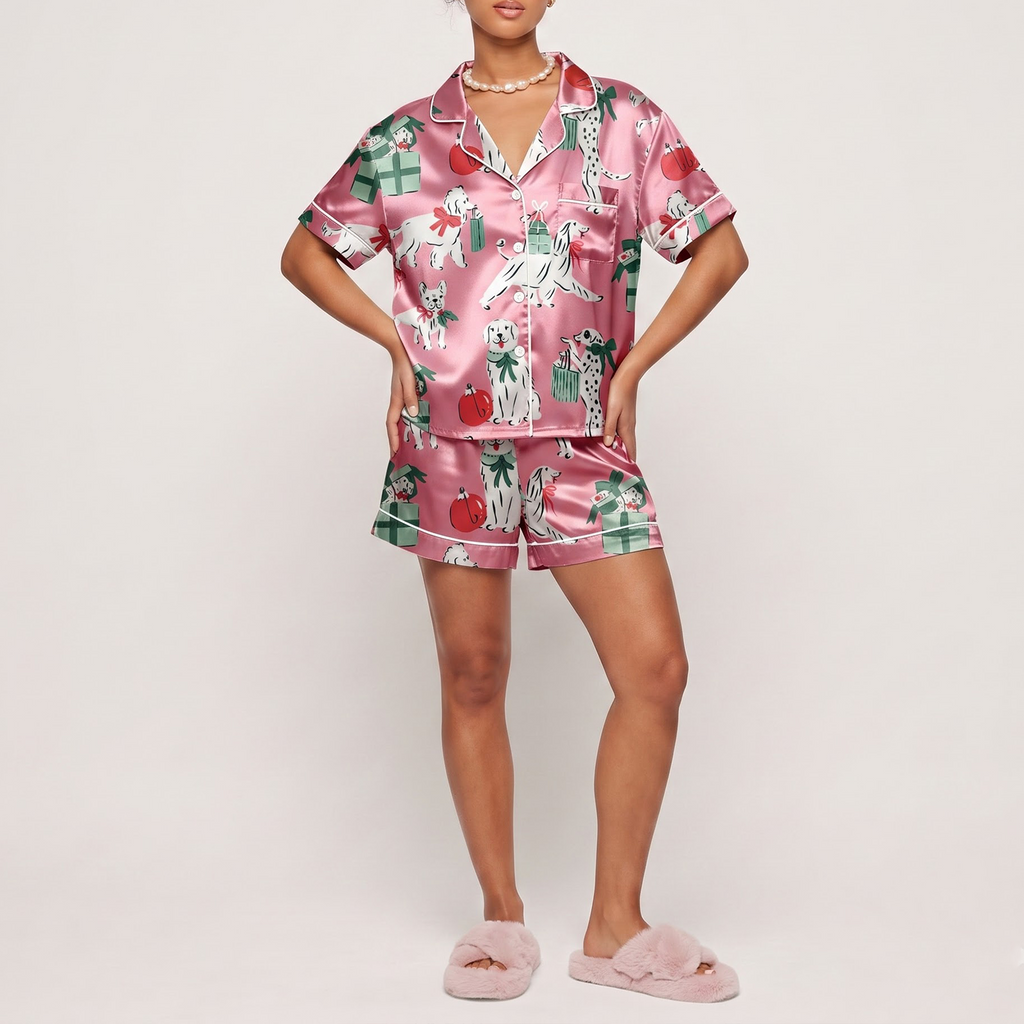 Pink Christmas Dog Satin Pajama Set, Dalmatian Silk Sleepwear, Festive Holiday Button Down Pjs, Dog Lover Gift for Her