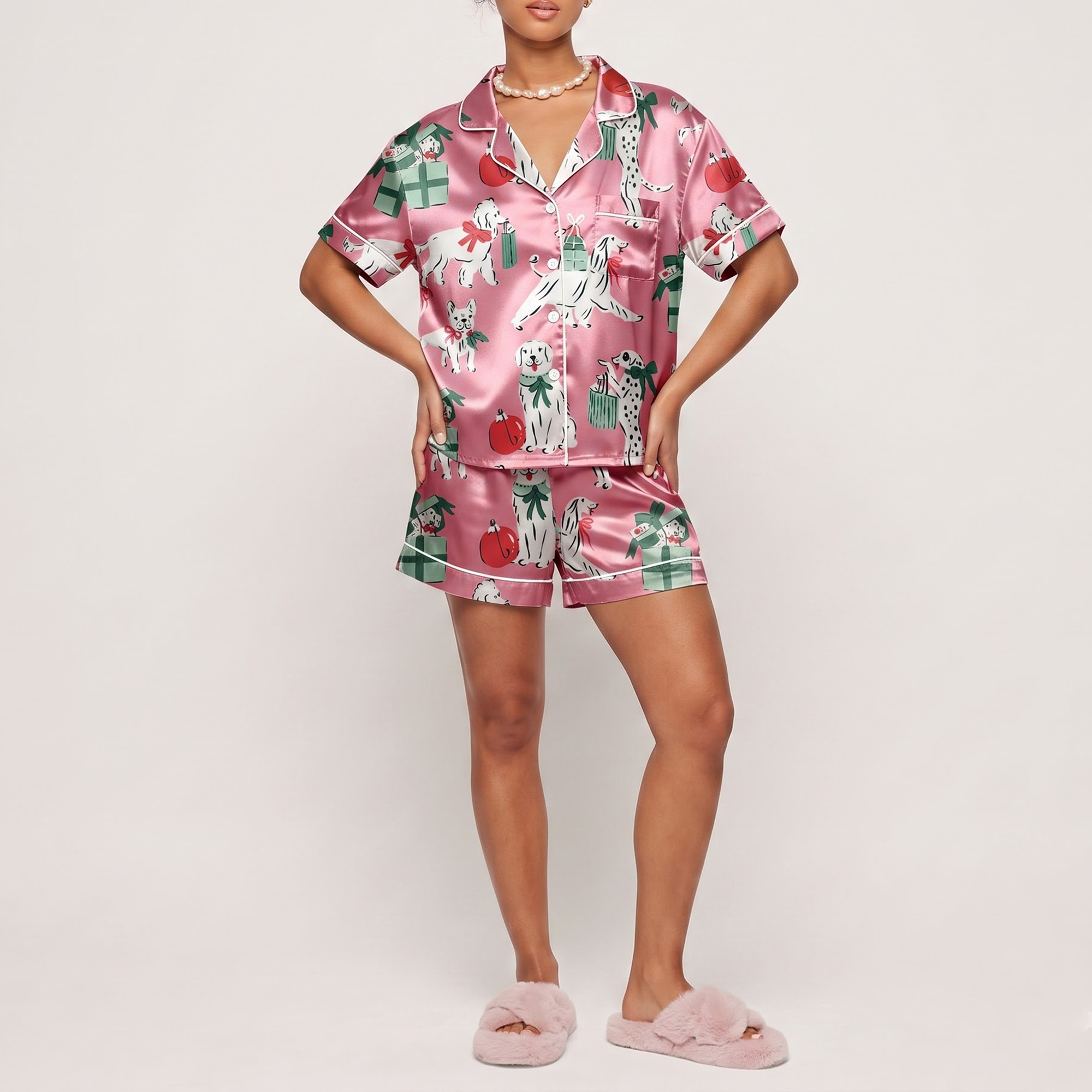 Pink Christmas Dog Satin Pajama Set, Dalmatian Silk Sleepwear, Festive Holiday Button Down Pjs, Dog Lover Gift for Her