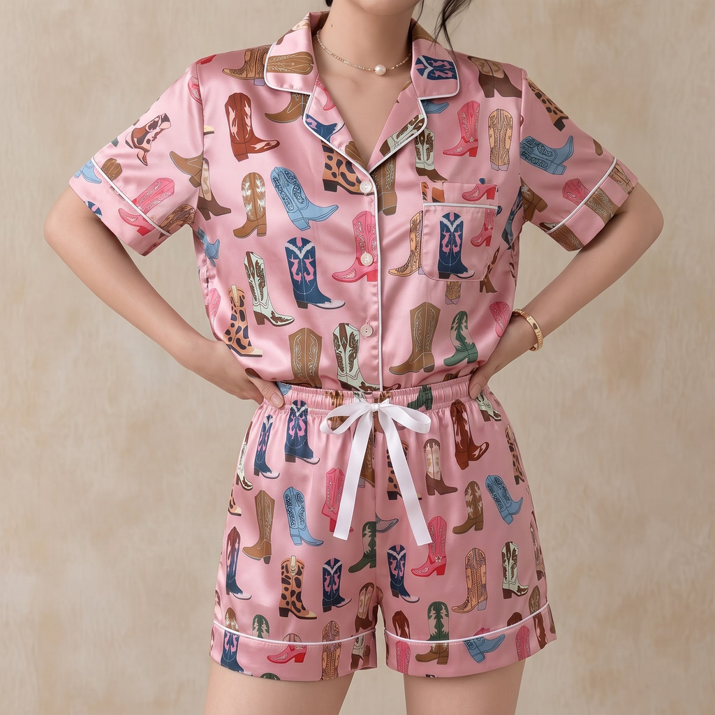 Pink Cowgirl Boots Satin Pajama Set, Western Silk Sleepwear, Country Coastal Cowgirl Lounge Set, Birthday Gift for Her Women