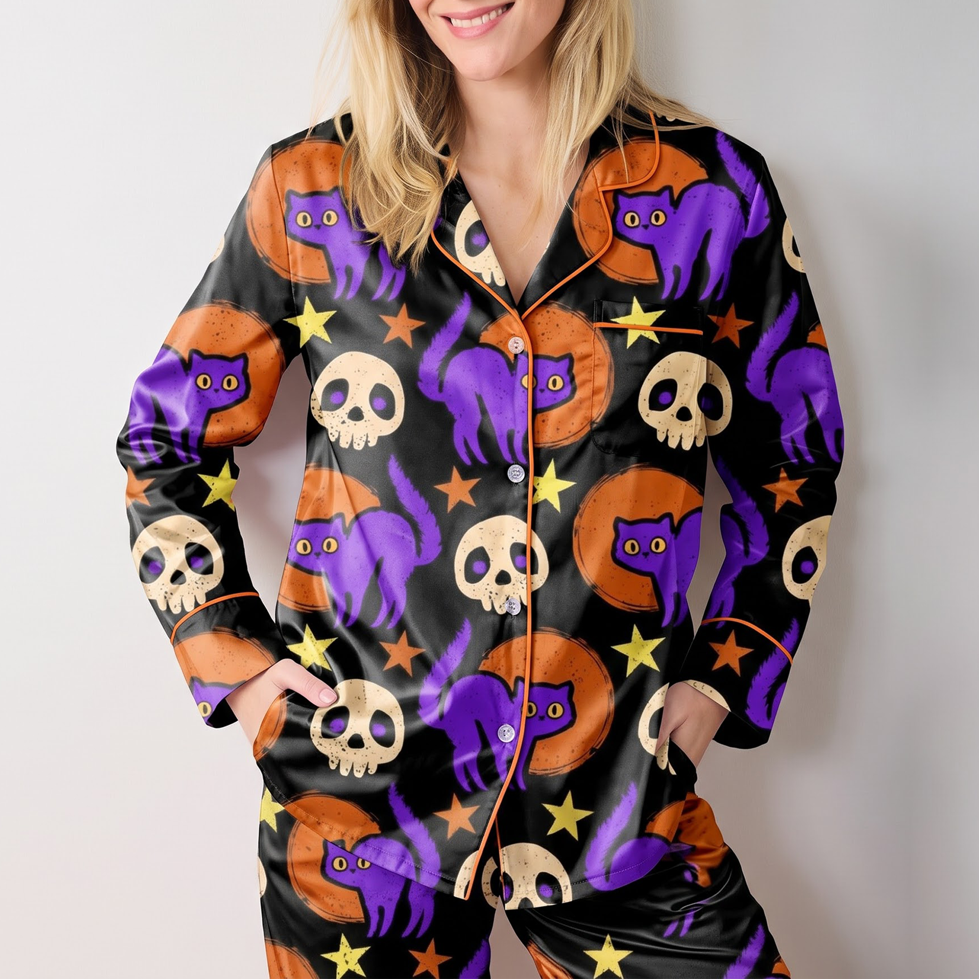 Halloween Purple Cat Satin Pajama Set, Spooky Skull Silk Sleepwear, Button Down Long Sleeve Pjs, Witchy Gift for Her