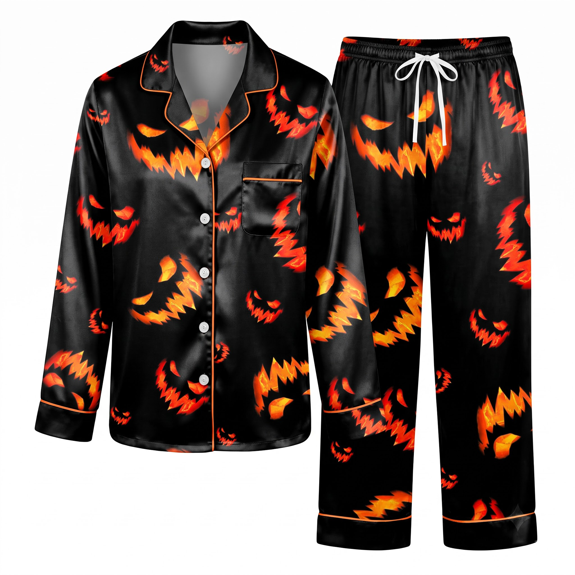 Scary Pumpkin Satin Pajama Set, Halloween Jack o Lantern Silk Sleepwear, Creepy Face Button Down Pjs, Spooky Gift for Her