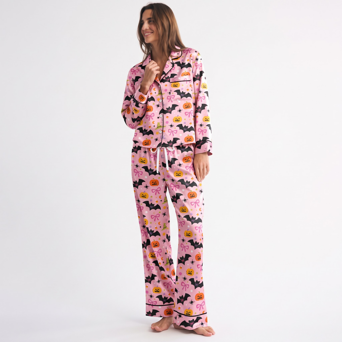 Pink Halloween Satin Pajama Set, Cute Pumpkin Bat Bow Pajamas, Coquette Halloween PJs, Spooky Pink Sleepwear, Halloween Gift