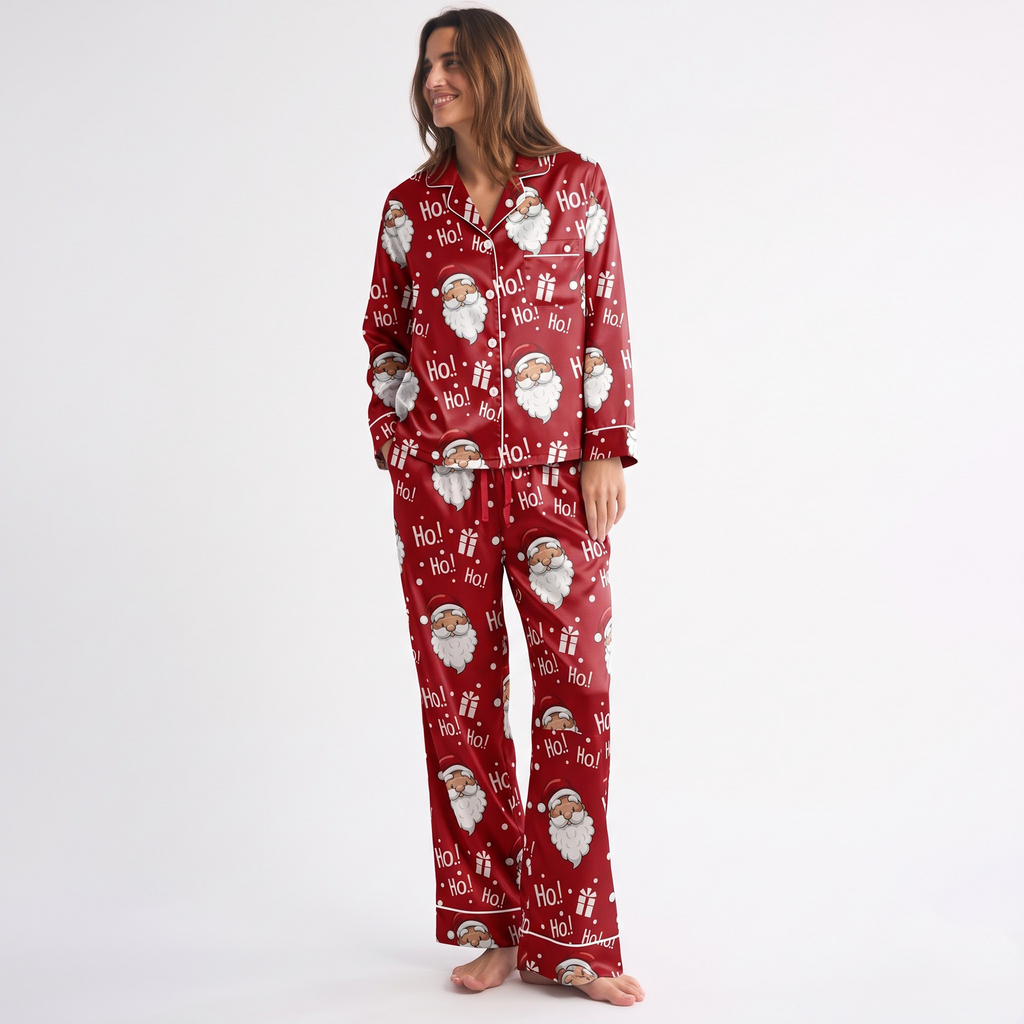 Santa Claus Satin Pajama Set, Red Christmas Pajamas, Ho Ho Ho Holiday PJs, Cute Santa Sleepwear, Christmas Gift for Her