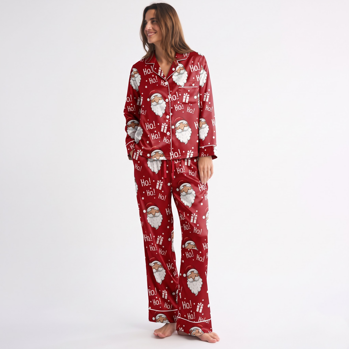 Santa Claus Satin Pajama Set, Red Christmas Pajamas, Ho Ho Ho Holiday PJs, Cute Santa Sleepwear, Christmas Gift for Her