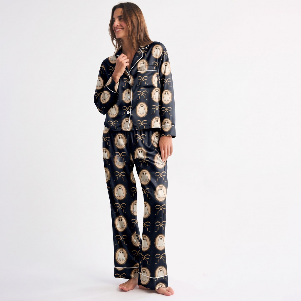 Ghost Bow Satin Pajama Set, Black Halloween Pajamas, Cute Coquette Ghost PJs, Vintage Spooky Bow Sleepwear, Halloween Gift for Her