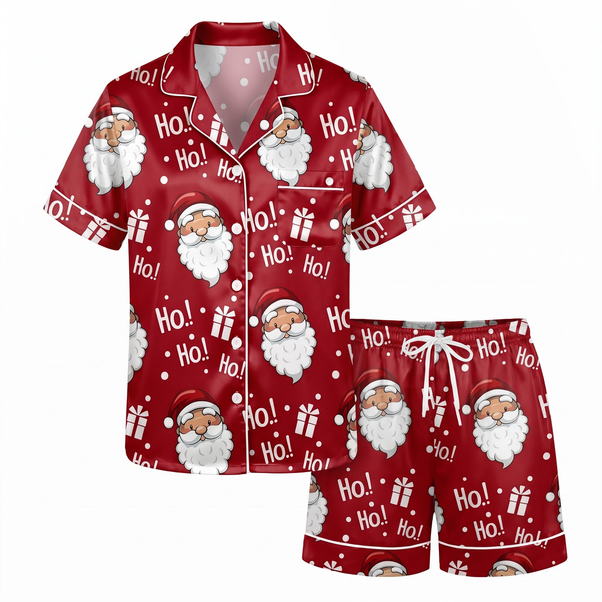 Santa Claus Satin Pajama Set, Red Christmas Pajamas, Ho Ho Ho Holiday PJs, Cute Santa Sleepwear, Christmas Gift for Her