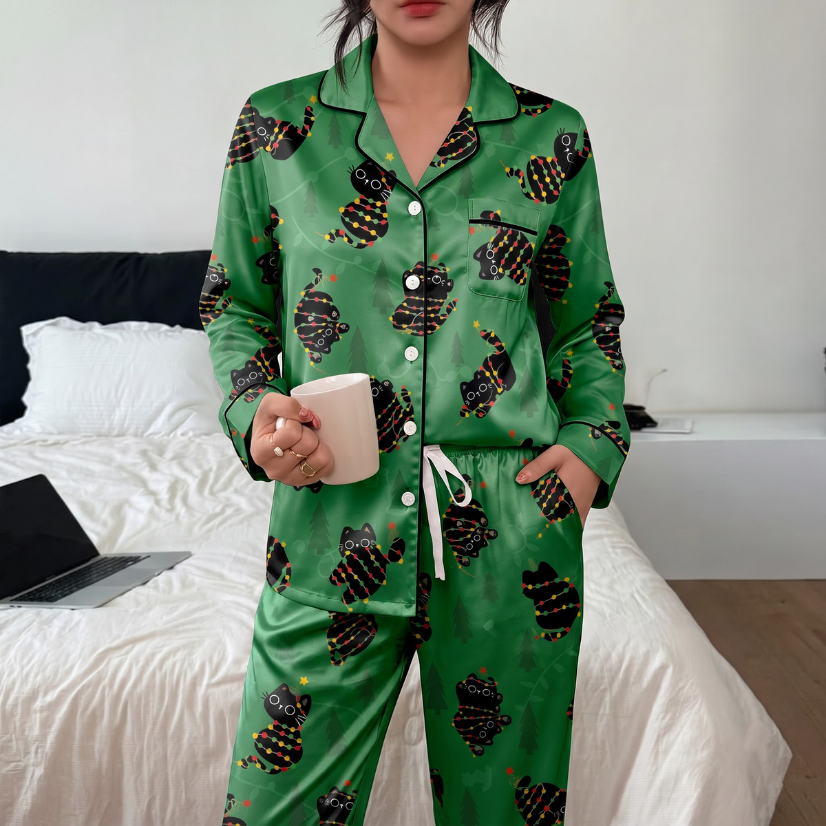 Christmas Black Cat Pajama Set, Green Satin Holiday Lights Lounge Set, Cute Cat Mom Xmas Sleepwear PJS, Gift for Her