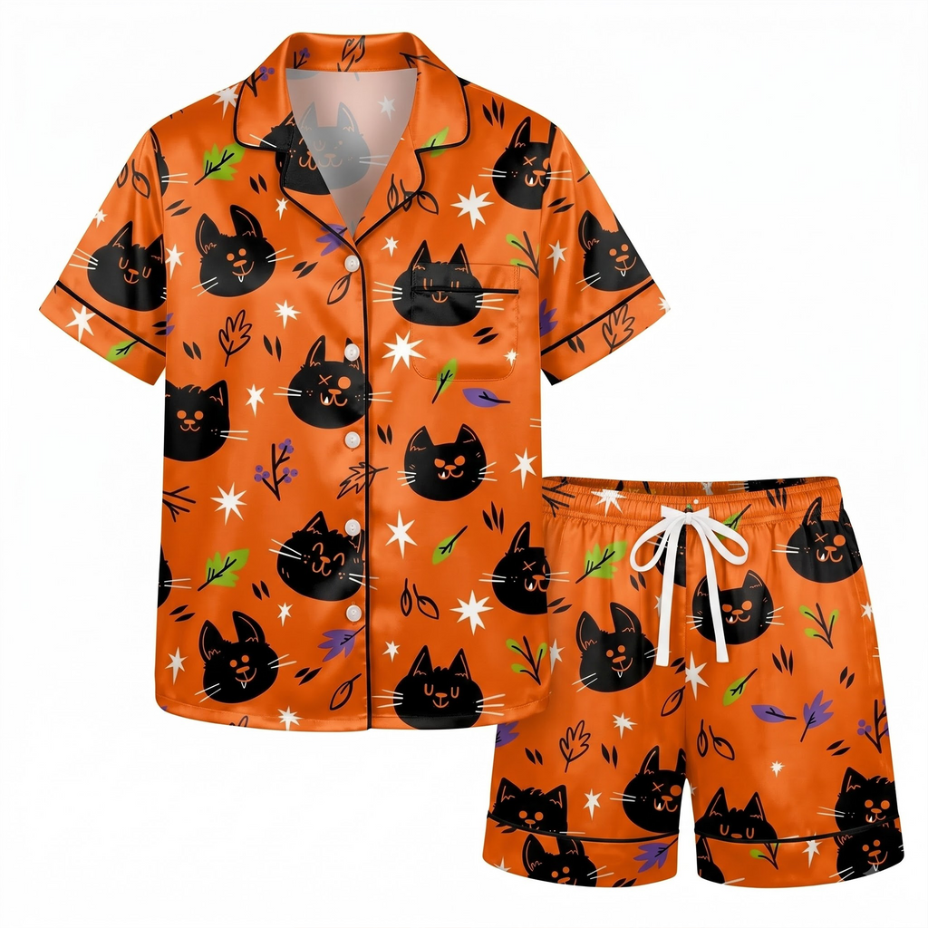 Orange Halloween Black Cat Satin Pajama Set, Cute Cat Silk Sleepwear, Fall Button Down Long Sleeve Pjs, Cat Mom Gift for Her