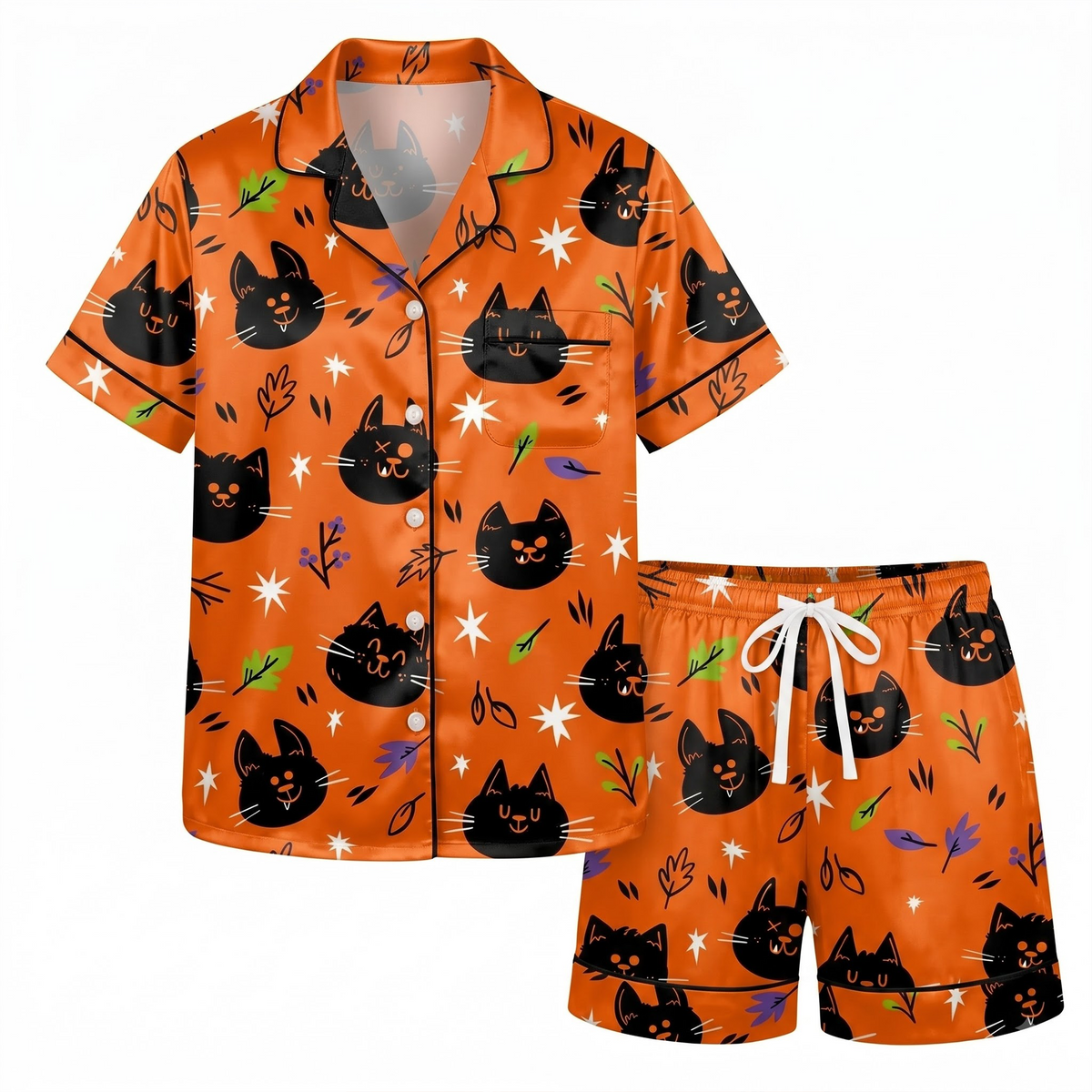 Orange Halloween Black Cat Satin Pajama Set, Cute Cat Silk Sleepwear, Fall Button Down Long Sleeve Pjs, Cat Mom Gift for Her