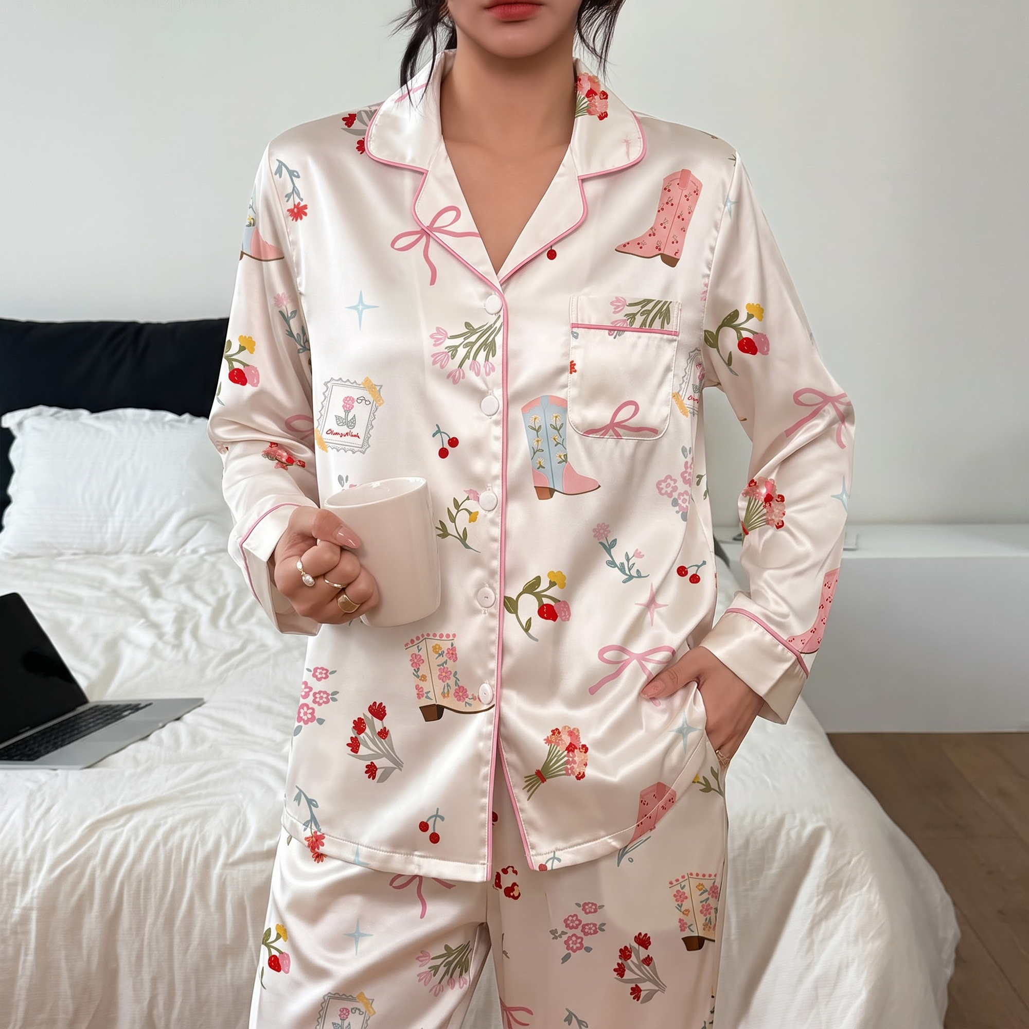 Coquette Cowboy Boot Satin Pajama Set, Pink Floral Silk Sleepwear, Cottagecore Bow Lounge Set, Romantic Gift for Her