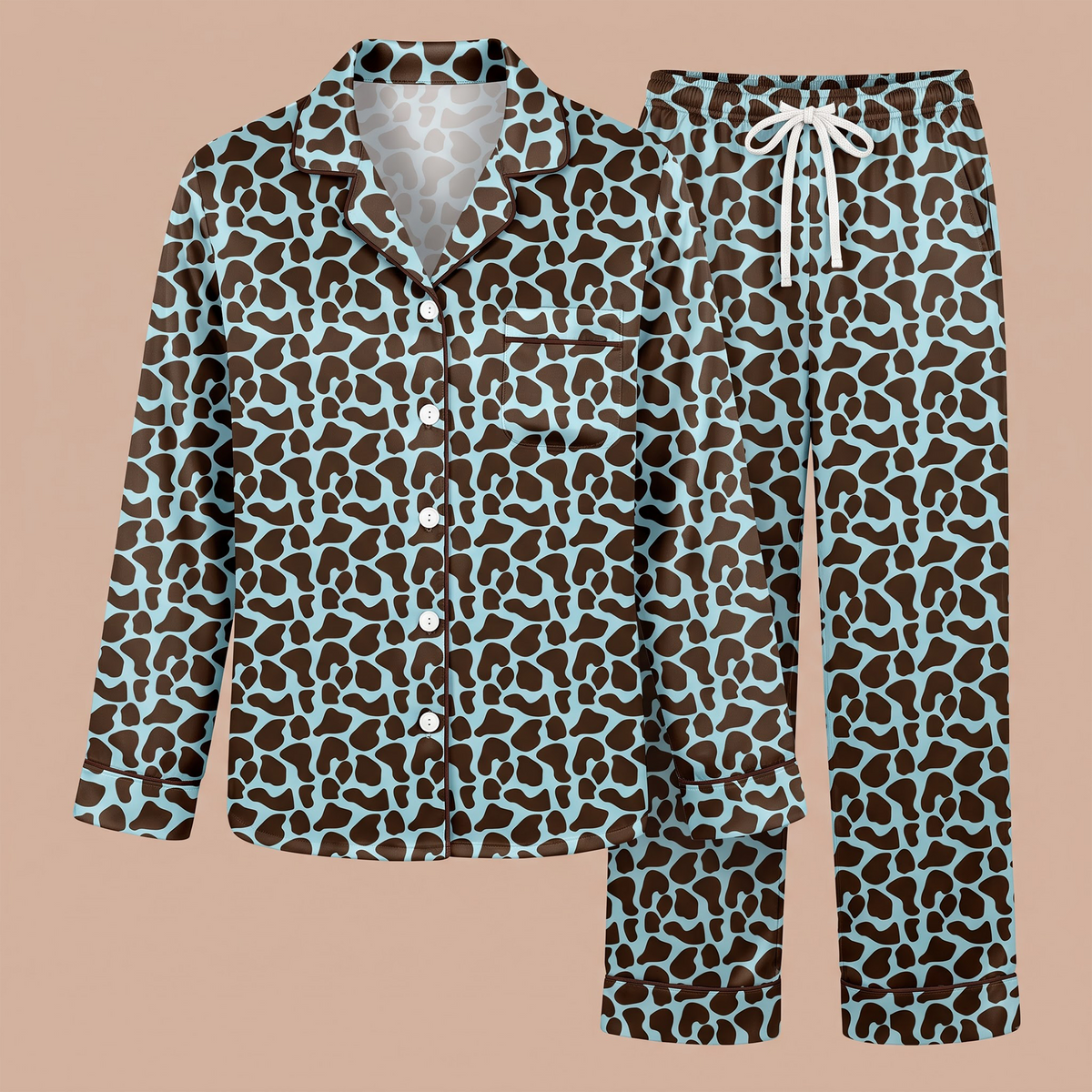 Blue Cow Print Satin Pajama Set, Brown Cow Spot Silk Sleepwear, Western Animal Print Lounge Set, Gift for Her Women