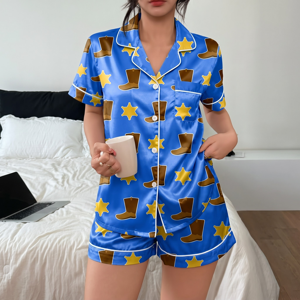 Cowboy Boots Pajama Set, Western Lounge Set, Blue Sheriff Star Pajamas, Country Music Gift for Her Women