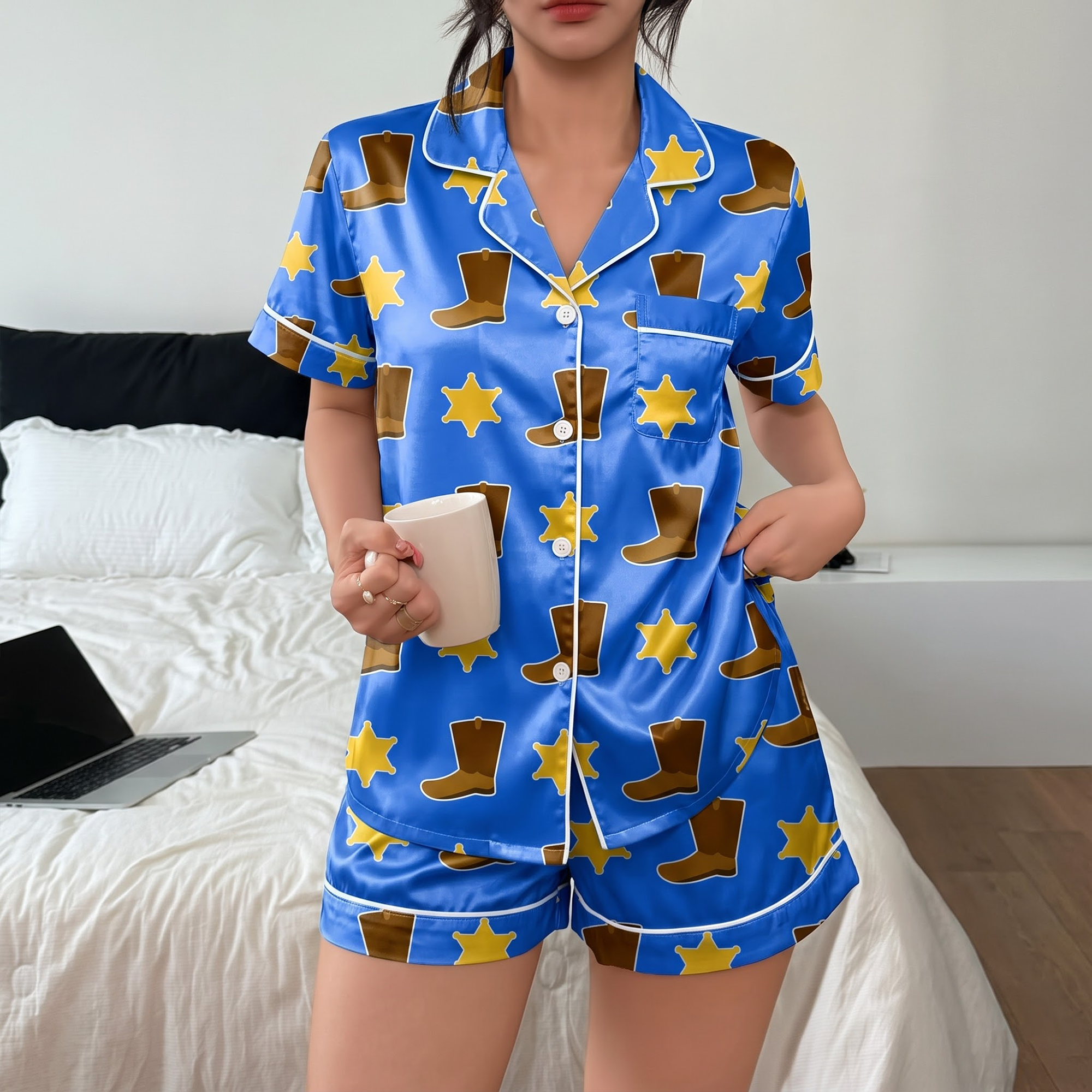 Cowboy Boots Pajama Set, Western Lounge Set, Blue Sheriff Star Pajamas, Country Music Gift for Her Women