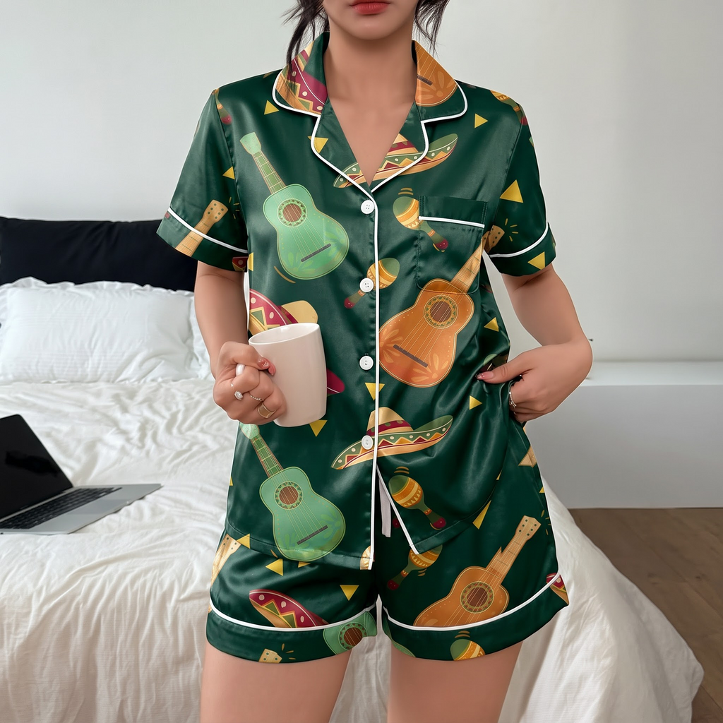 Mexican Fiesta Pajama Set, Green Guitar Sombrero Lounge Set, Cinco De Mayo Sleepwear PJS, Gift for Her Women