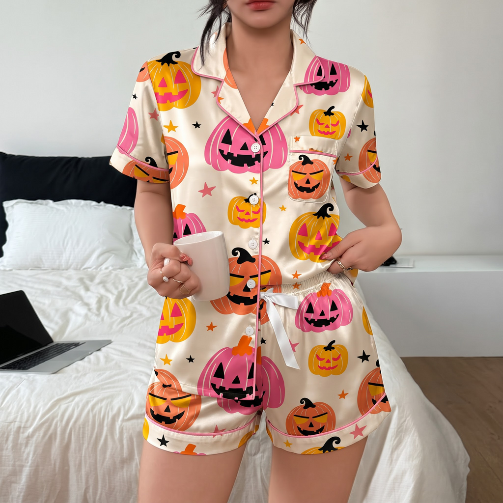 Pink Halloween Pumpkin Pajama Set, Orange Jack O Lantern PJS, Cute Spooky Lounge Set, Halloween Gift for Her Women