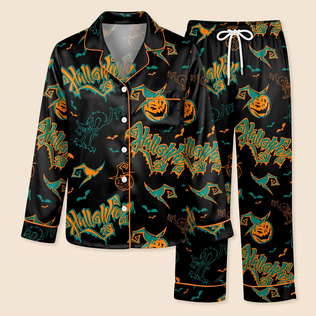 Halloween Satin Pajama Set, Spooky Pumpkin Silk Sleepwear, Black Halloween Lounge Set, Spooky Season Gift for Her Women