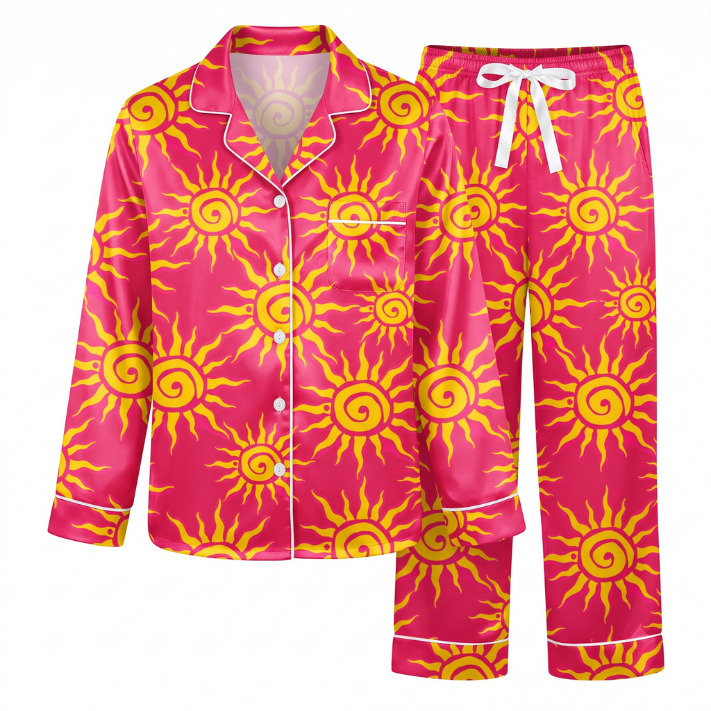 Tangled Sun Satin Pajama Set, Rapunzel Corona Sun Silk Sleepwear, Pink Sunshine Lounge Set, Disney Princess Gift for Her