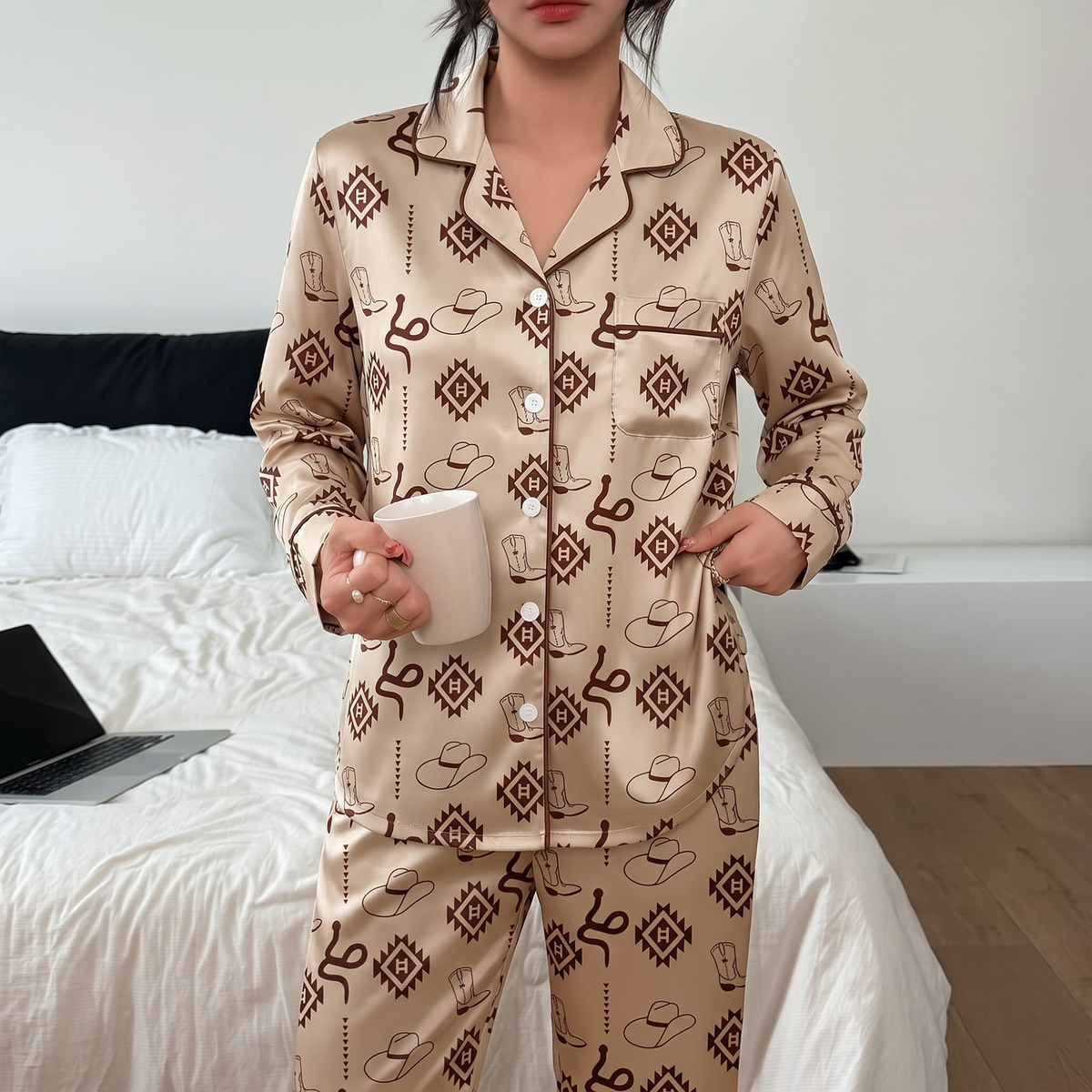 Western Cowboy Satin Pajama Set, Cowgirl Boot Silk Sleepwear, Southwestern Lounge Set, Country Girl Gift for Her Women