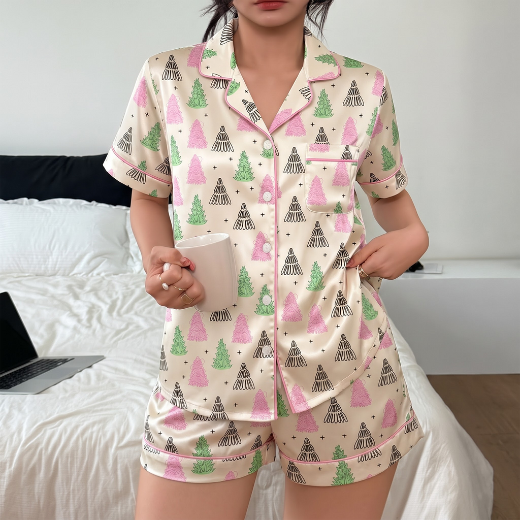 Pink Green Christmas Tree Satin Pajama Set, Xmas Tree Silk Sleepwear, Coquette Holiday Lounge Set, Xmas Gift for Her Women