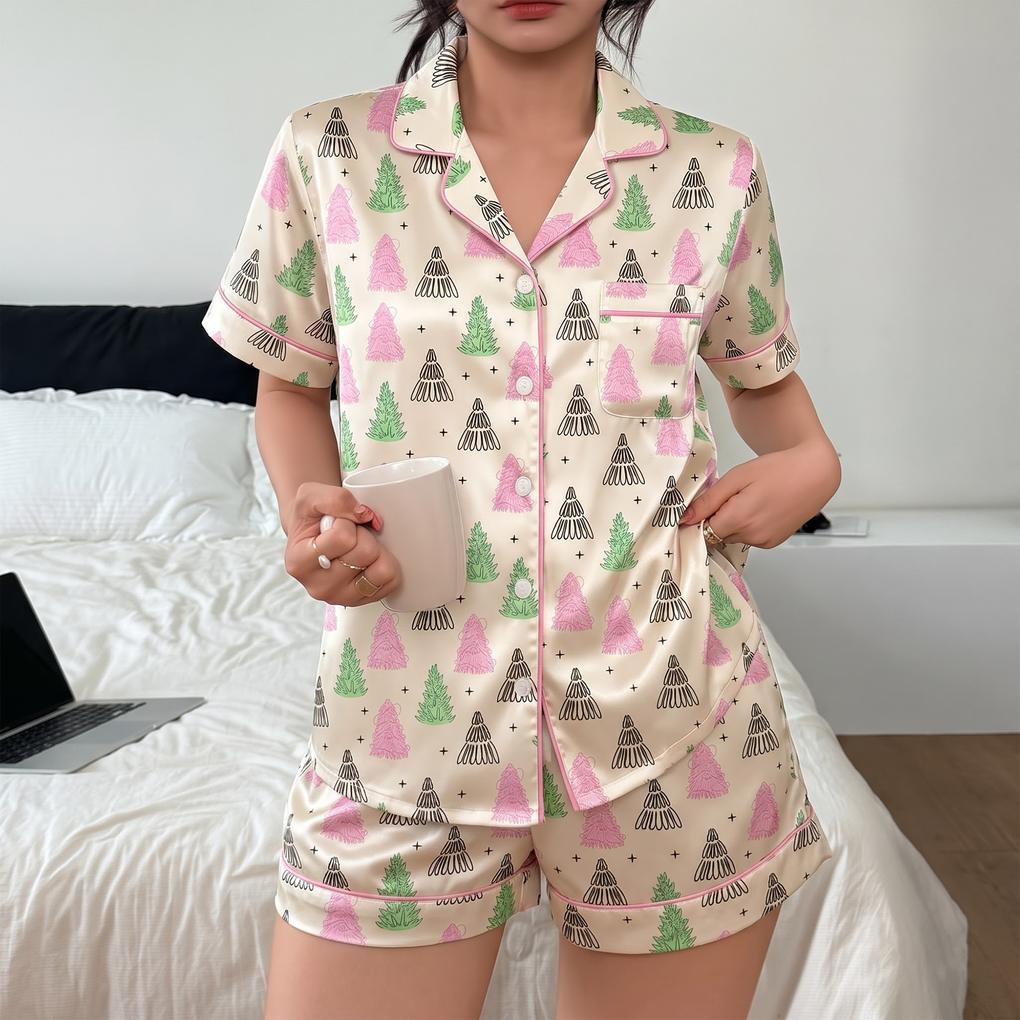 Pink Green Christmas Tree Satin Pajama Set, Xmas Tree Silk Sleepwear, Coquette Holiday Lounge Set, Xmas Gift for Her Women