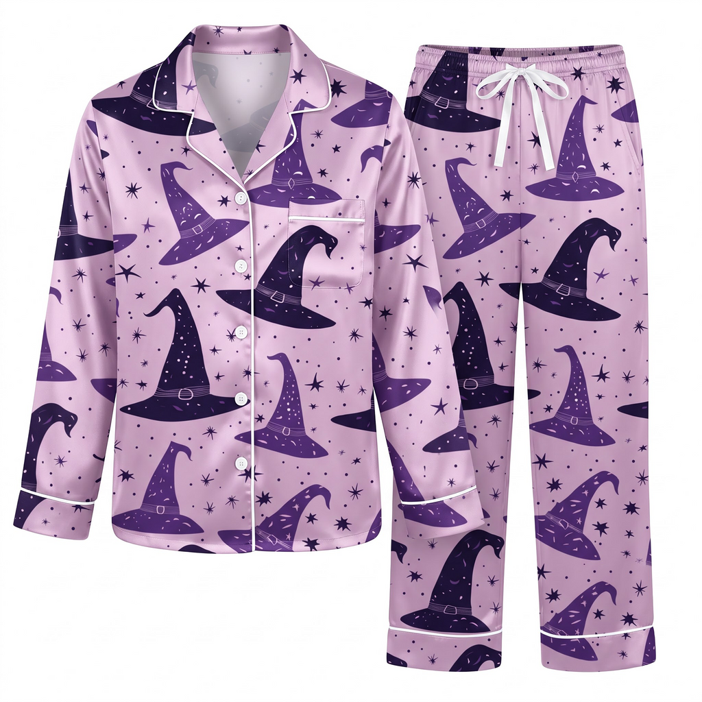 Witch Hat Satin Pajama Set, Celestial Magic Silk Sleepwear, Purple Halloween Lounge Set, Witchy Gift for Her Women