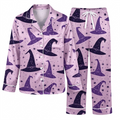 Witch Hat Satin Pajama Set, Celestial Magic Silk Sleepwear, Purple Halloween Lounge Set, Witchy Gift for Her Women
