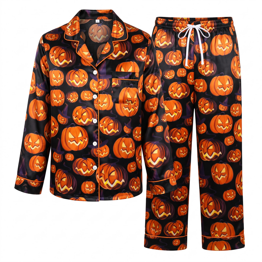 Cute Spooky Pumpkin Silk Satin Pajama Set, Jack-O-Lantern Pattern Lounge Set, Halloween Sleepwear, Gift for Friends Sister