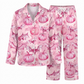 Pink Pumpkin Satin Pajama Set, Coquette Fall Silk Sleepwear, Watercolor Bow Gingham Lounge Set, Thanksgiving Gift for Her