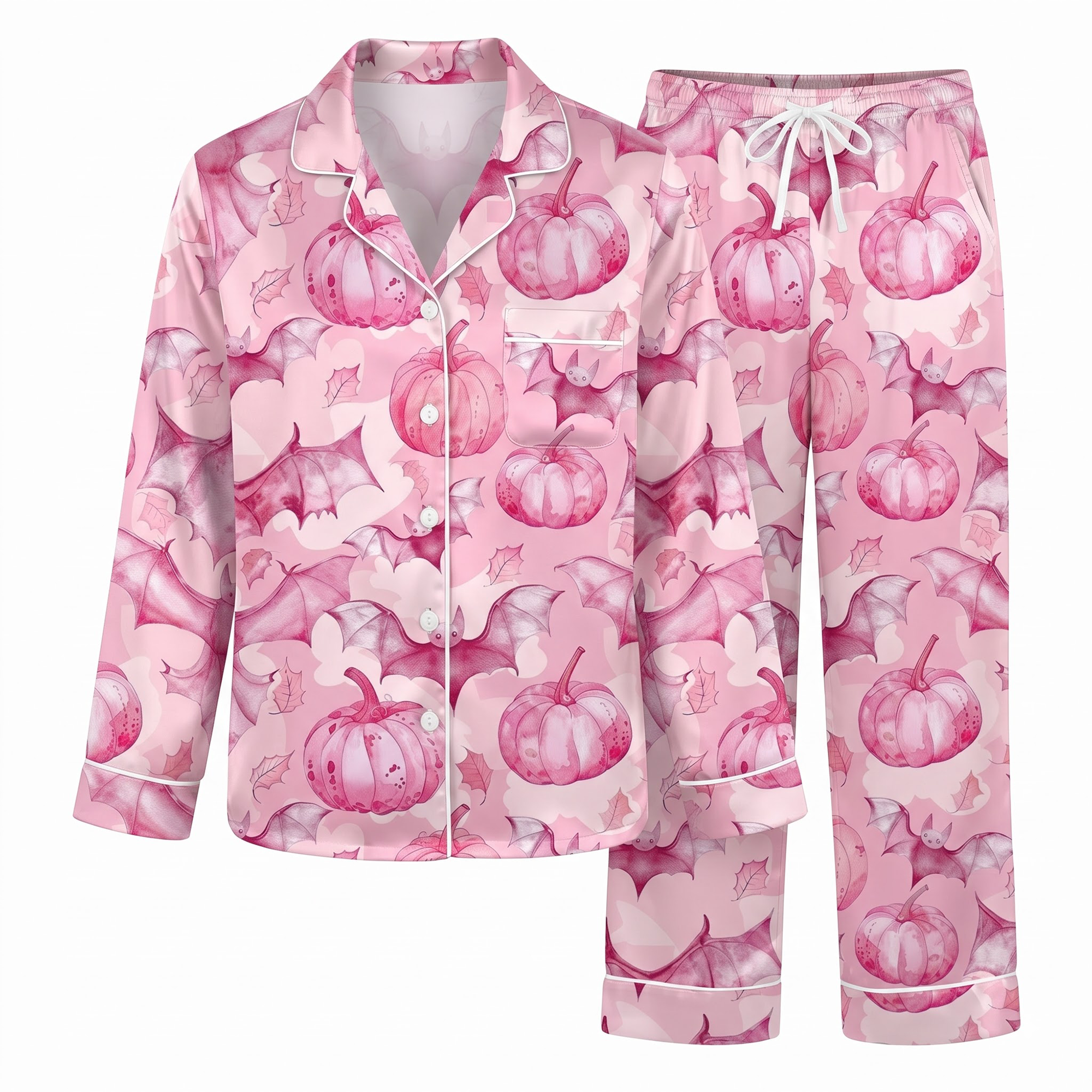 Pink Pumpkin Satin Pajama Set, Coquette Fall Silk Sleepwear, Watercolor Bow Gingham Lounge Set, Thanksgiving Gift for Her