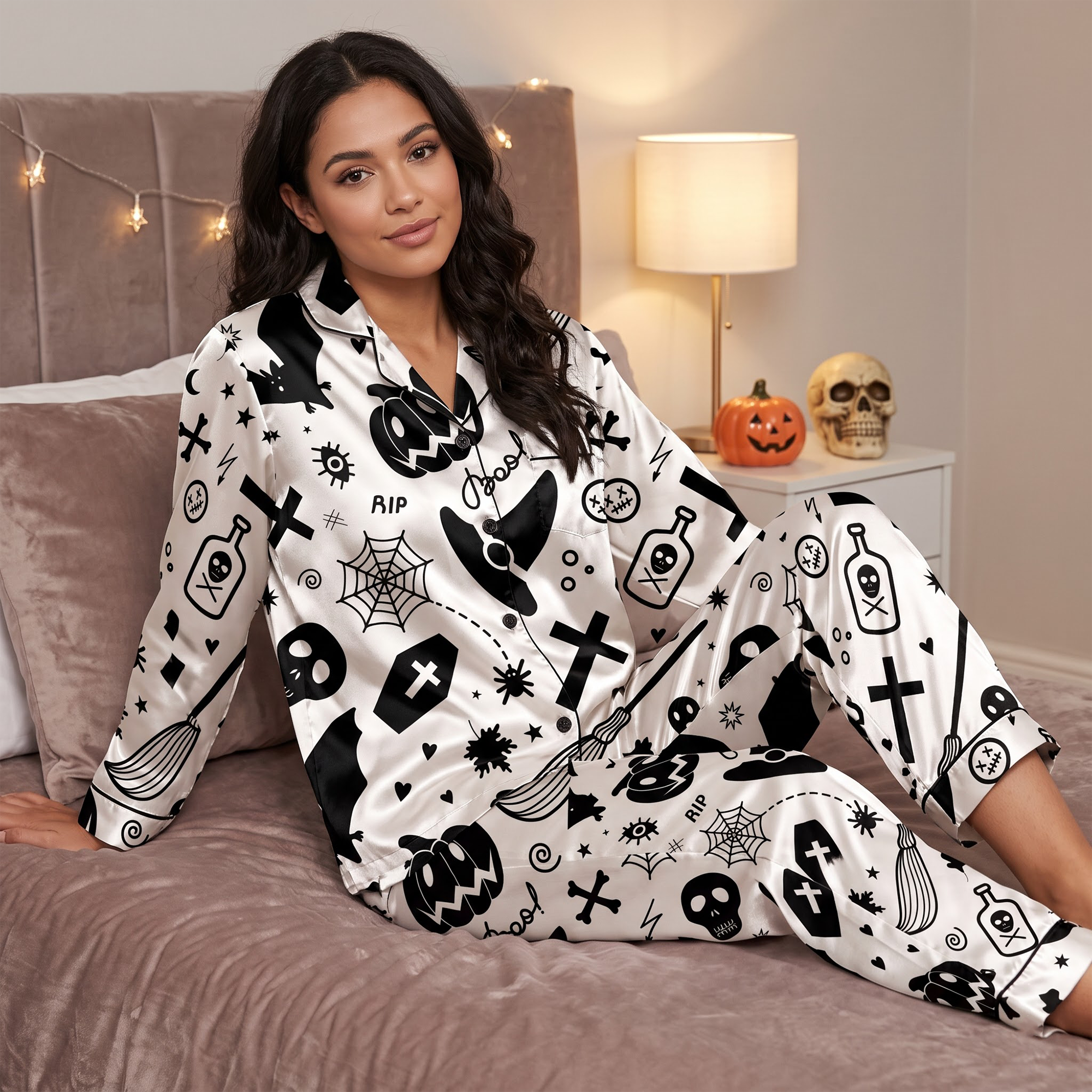 Black White Halloween Satin Pajama Set, Gothic Spooky Silk PJs , Whimsigoth Sleepwear, Halloween Gift for Her