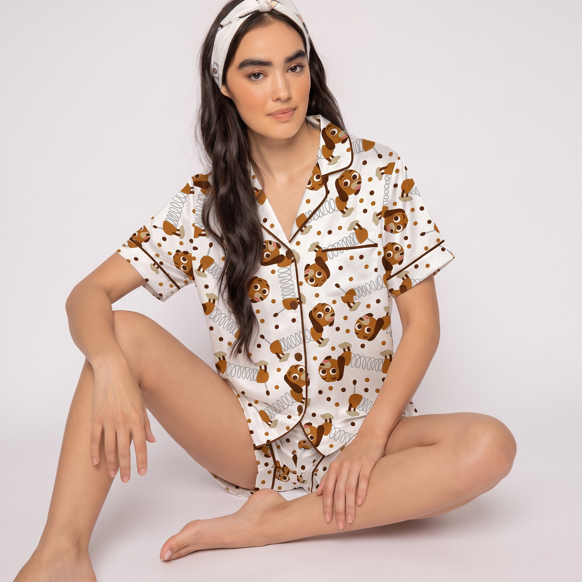 Slinky Dog Satin Pajama Set, Cute Dachshund Silk Sleepwear, Button Down Long Sleeve Pjs, Funny Dog Lover Gift for Her