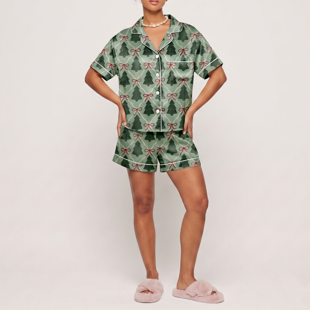 Green Christmas Tree Satin Pajama Set, Coquette Red Bow Silk Sleepwear, Holiday Button Down Pjs, Christmas Gift for Her