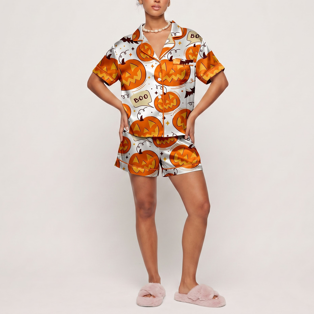 Cute Halloween Pumpkin Satin Pajama Set, Spooky Silk Sleepwear, Pumpkin Jack o Lantern Lounge Wear Set, Gift for Bestie
