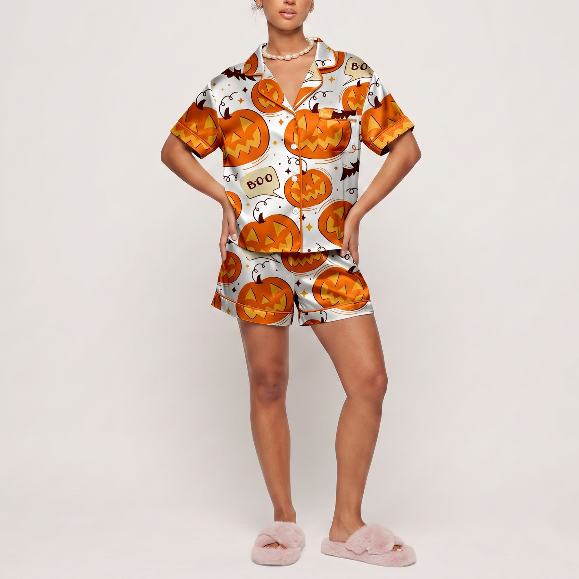 Cute Halloween Pumpkin Satin Pajama Set, Spooky Silk Sleepwear, Pumpkin Jack o Lantern Lounge Wear Set, Gift for Bestie