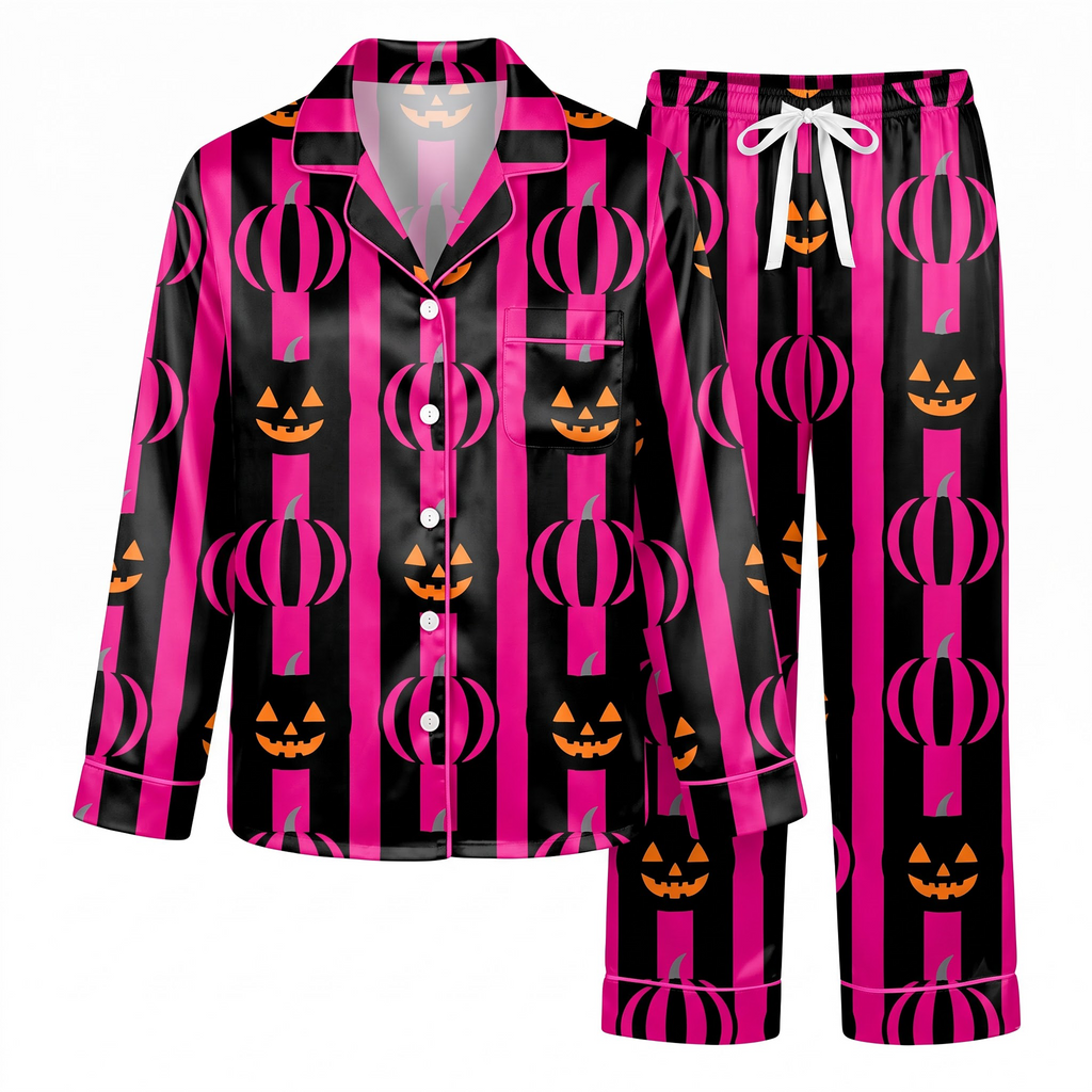 Pink Halloween Satin Pajama Set, Hot Pink Pumpkin Silk Sleepwear, Striped Button Down Pjs, Cute Spooky Gift for Her