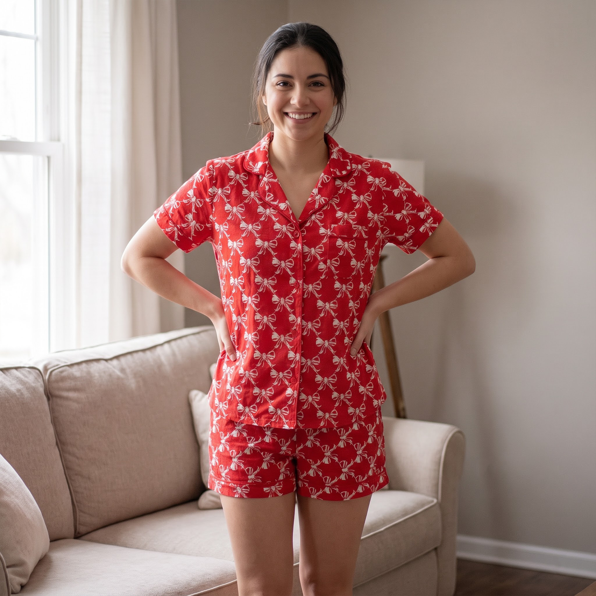Red Bow Satin Pajama Set, Coquette Ribbon Silk PJs Long Sleeve, Festive Christmas Holiday Sleepwear, Cute Satin Loungewear Gift for Her